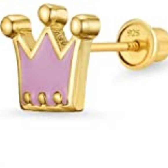 14k Gold Plated Enamel Princess Crown Earrings - Picture 5 of 11
